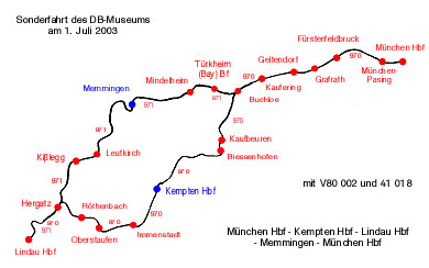 Zum Vergr&ouml;&szlig;ern klicken - Fahrweg des Sonderzugs von M&uuml;nchen nach Lindau und zur&uuml;ck. Hinfahrt &uuml;ber Kempten, R&uuml;ckfahrt &uuml;ber Memmingen (01.06.2003).