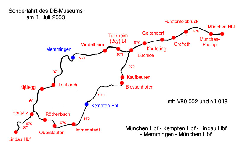 Fahrweg des Sonderzugs von M&uuml;nchen nach Lindau und zur&uuml;ck. Hinfahrt &uuml;ber Kempten, R&uuml;ckfahrt &uuml;ber Memmingen (01.06.2003).