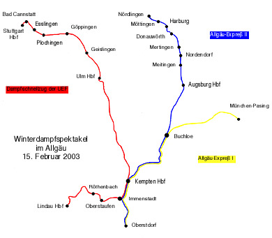 Zum Vergr&ouml;&szlig;ern klicken - Die Zugl&auml;ufe des Winterdampfspektakels im Allg&auml;u am 15. Februar 2002.